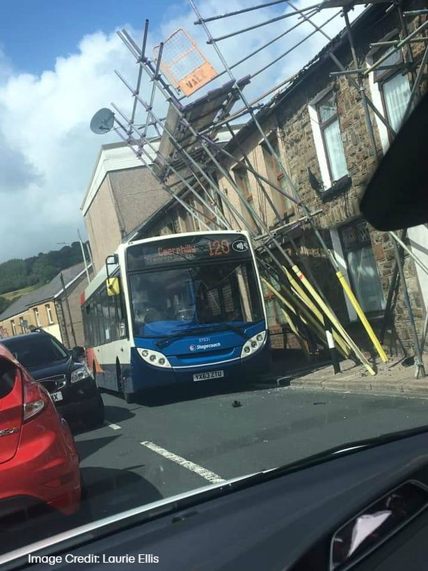 Bus hits scaffolding